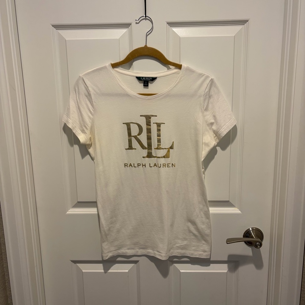Lauren Ralph Lauren White Short Sleeve Tee with Gold RLL Logo
